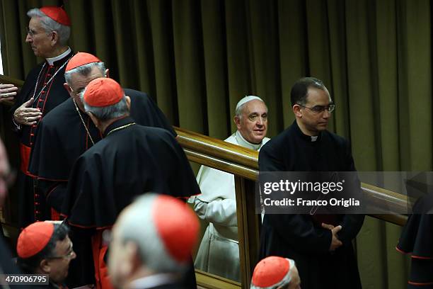 Pope Francis arrives at the Synod Hall for the morning session of Extraordinary Consistory on the themes of Family on February 21, 2014 in Vatican...