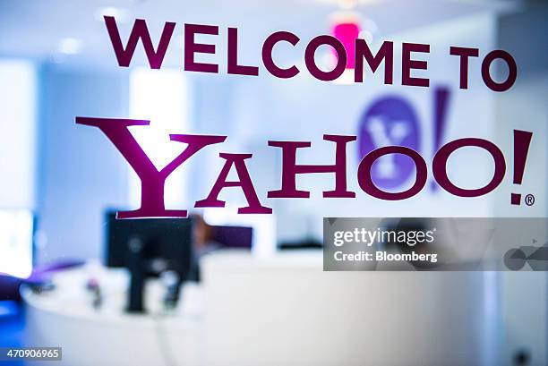 Welcome message sits on the window in the reception area of the sales office at the Yahoo Inc. Headquarters in Barcelona, Spain, on Thursday, Feb....