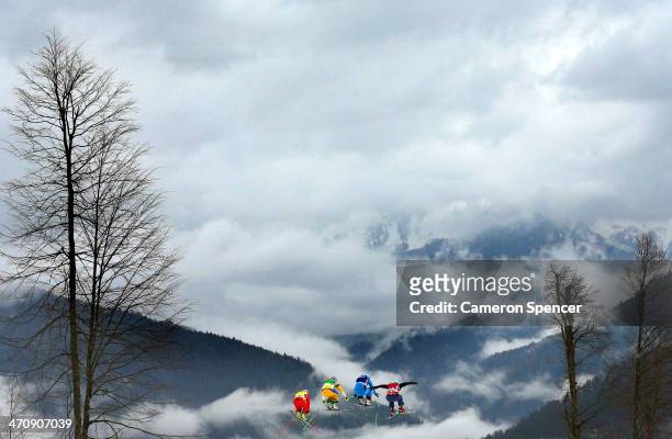 Fanny Smith of Switzerland, Anna Holmlund of Sweden, Katrin Ofner of Austria and Kelsey Serwa of Canada compete in the Freestyle Skiing Womens' Ski...