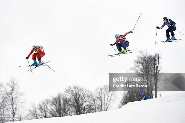 Sanna Luedi of Switzerland , Marielle Thompson of Canada and Katya Crema of Australia compete in the Freestyle Skiing Womens' Ski Cross Quarterfinals...