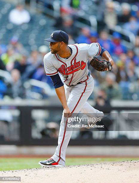 Sugar Ray Marimon of the Atlanta Braves in action against the New York Mets at Citi Field on April 23, 2015 in the Flushing neighborhood of the...