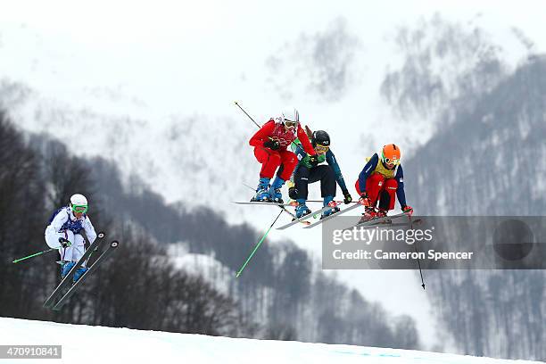 Marion Josserand of France, Sanna Luedi of Switzerland, Katya Crema of Australia, Nikol Kucerova of Czech Republic compete in the Freestyle Skiing...