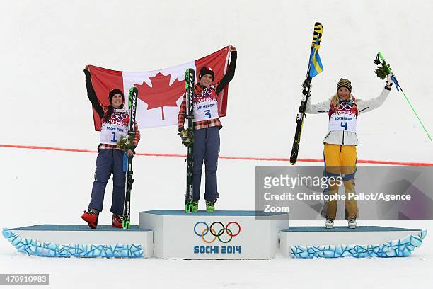 Marielle Thompson of Canada wins the gold medal, Kelsey Serwa of Canada wins the silver medal, Anna Holmlund of Sweden wins the bronze medal during...