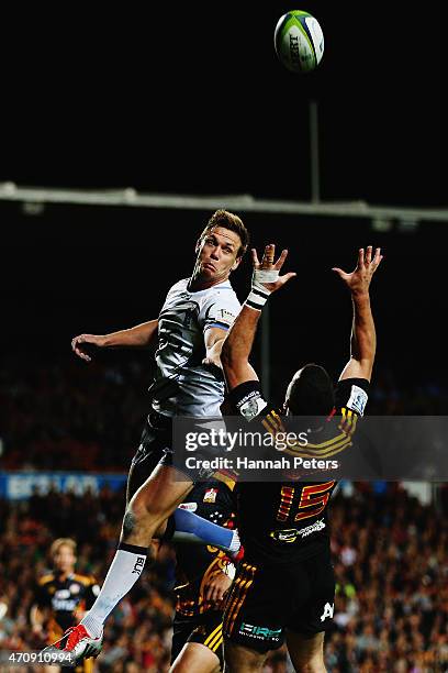 Dane Haylett-Petty of the Force competes with Tom Marshall of the Chiefs for the high ball during the round 11 Super Rugby match between the Chiefs...