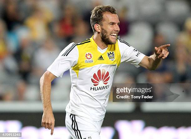 Jeremy Brockie of the Phoenix celebrates a goal during the round 20 A-League match between the Central Coast Mariners and the Wellington Phoenix at...