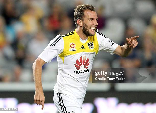 Jeremy Brockie of the Phoenix celebrates a goal during the round 20 A-League match between the Central Coast Mariners and the Wellington Phoenix at...