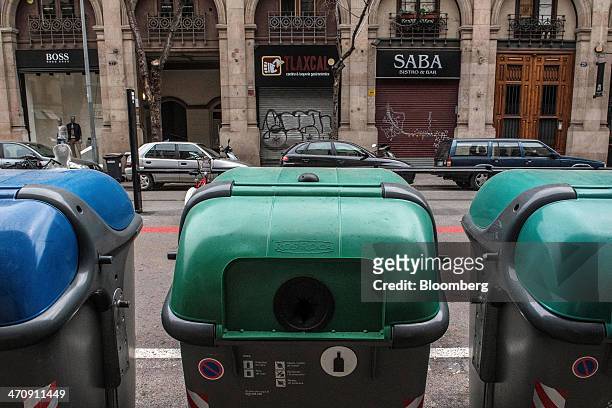 Digital sensor sits on a municipal trash bin to provide real time information on waste levels on a street in Barcelona, Spain, on Friday, Feb. 21,...