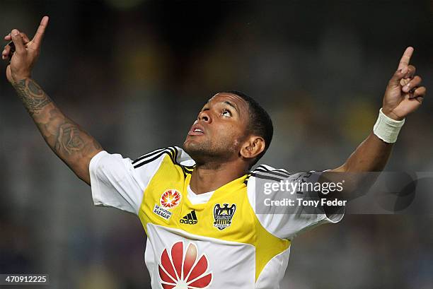 Kenny Cunningham of the Phoenix celebrates a goal during the round 20 A-League match between the Central Coast Mariners and the Wellington Phoenix at...