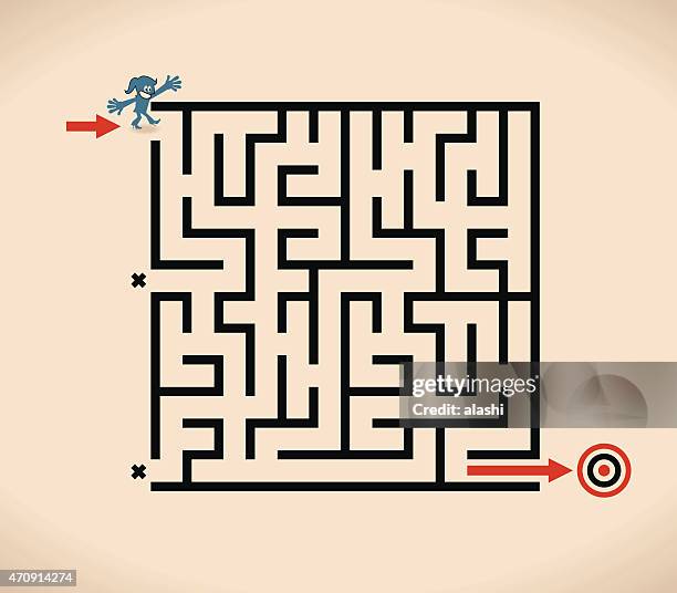 stockillustraties, clipart, cartoons en iconen met smiling business woman (businesswoman) at entrance to maze - maze