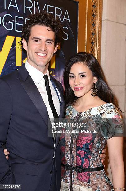 John Riddle and Michelle Veintimilla attends the Broadway Opening Night After Party Photo Call for 'The Visit' at the Lyceum Theatre on April 23,...