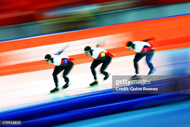 Denny Morrison, Lucas Makowsky and Mathieu Giroux of Canada compete during the Men's Team Pursuit Quarterfinals Speed Skating event on day fourteen...