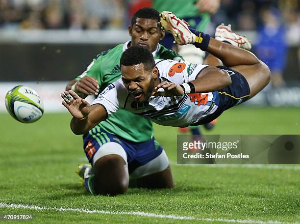 Henry Speight of the Brumbies drops the ball while attempting to score a try during the round 11 Super Rugby match between the Brumbies and the...