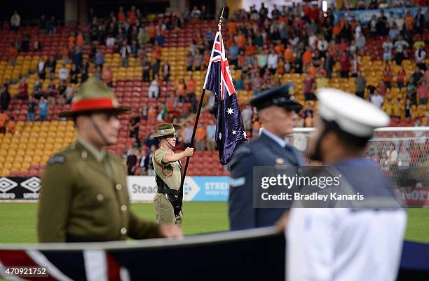 Ceremonies take place before the round 27 A-League match between the Brisbane Roar and the Newcastle Jets at Suncorp Stadium on April 24, 2015 in...