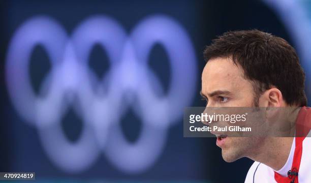 David Murdoch of Great Britain looks on during the Men's Gold Medal match between Canada and Great Britain on day 14 of the Sochi 2014 Winter...