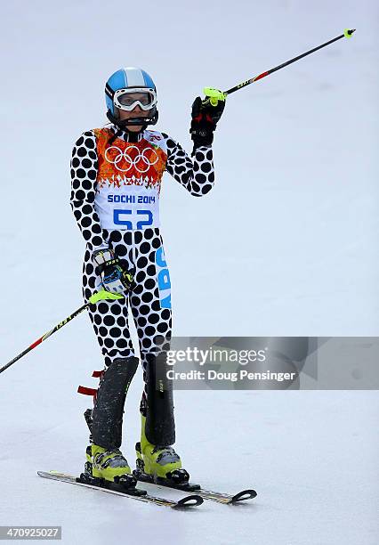 Macarena Simari Birkner of Argentinareacts after her first run during the Women's Slalom during day 14 of the Sochi 2014 Winter Olympics at Rosa...