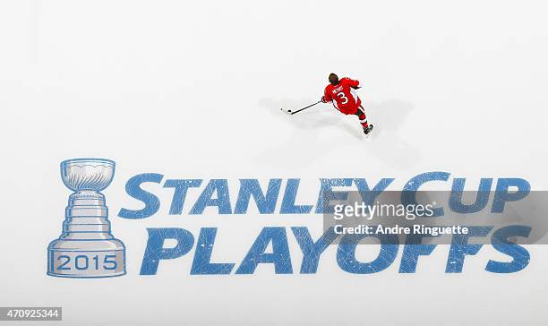 Marc Methot of the Ottawa Senators skates over the in-ice Stanley Cup logo during warmup prior to playing against the Montreal Canadiens in Game Four...
