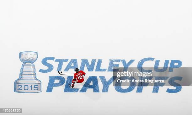 Clarke MacArthur of the Ottawa Senators skates over the in-ice Stanley Cup logo during warmup prior to playing against the Montreal Canadiens in Game...