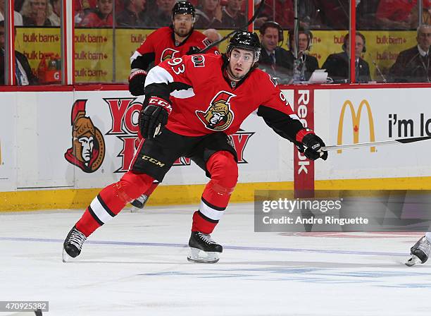 Mika Zibanejad of the Ottawa Senators skates against the Montreal Canadiens in Game Four of the Eastern Conference Quarterfinals during the 2015 NHL...