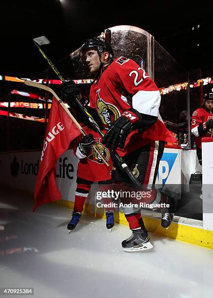 Erik Condra of the Ottawa Senators steps onto the ice during player introductions prior to playing against the Montreal Canadiens in Game Four of the...