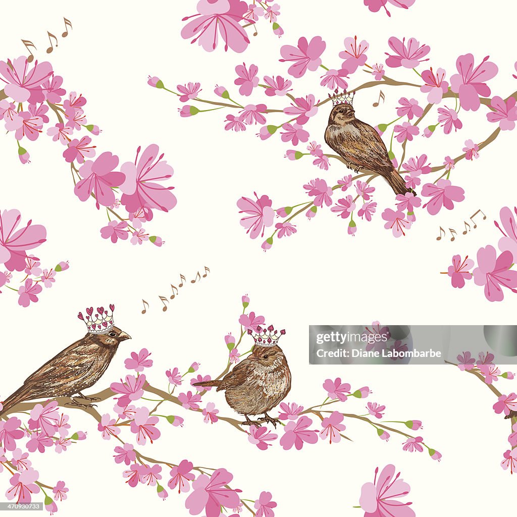 Spring Cherry Blossoms with sparrows Pattern