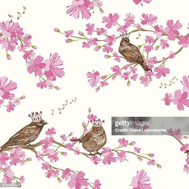 spring cherry blossoms with sparrows pattern - cherry tree stock illustrations