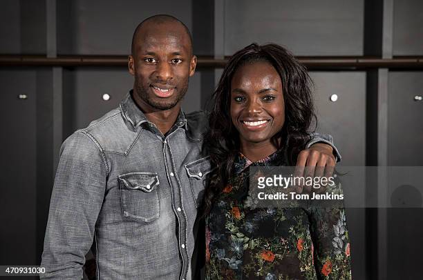 Sone Aluko of Hull City FC and his sister Eniola Aluko of Chelsea pose for a portrait in the changing rooms at Wembley Stadium on April 10,2014 in...