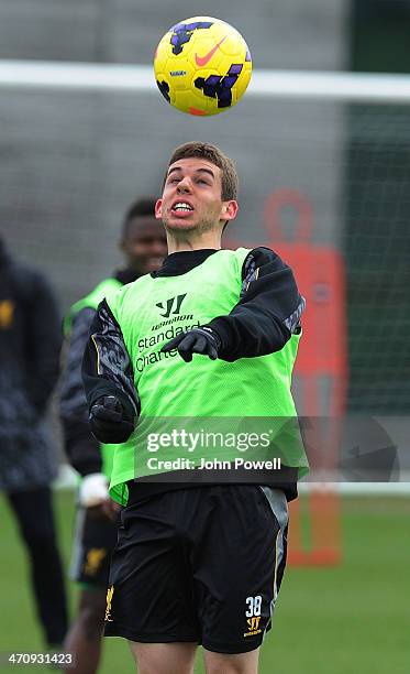 Jon Flanagan of Liverpool during a training session at Melwood Training Ground on February 21, 2014 in Liverpool, England.