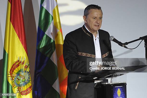 Rally Dakar director Etienne Lavigne delivers a speech during the presentation of the 2016 Rally Dakar in La Paz on April 24, 2015. The Rally Dakar...