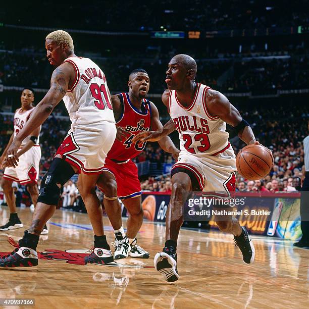 Michael Jordan of the Chicago Bulls shoots against the Washington Bullets during Game Two of the First Round of the 1997 NBA Playoffs on April 27,...