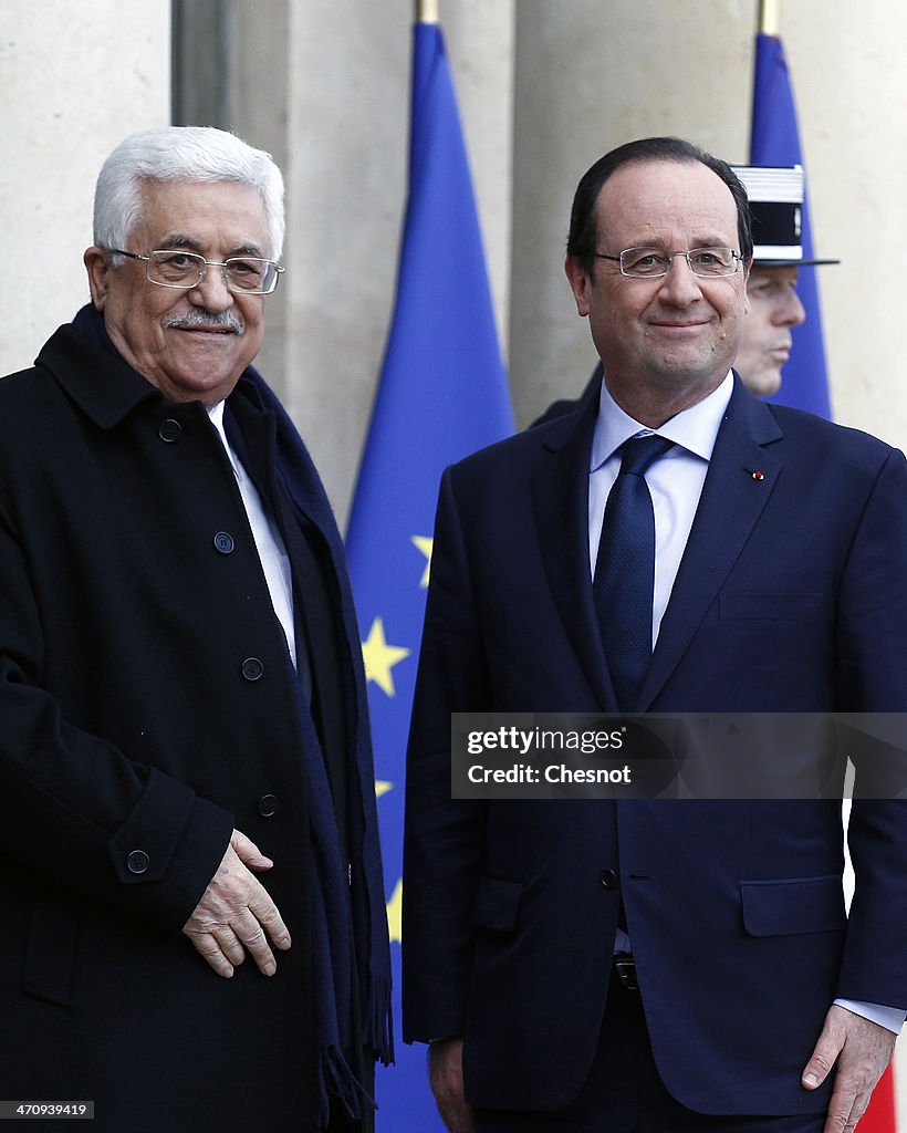 French President Francois Hollande Welcomes  Mahmoud Abbas, At The Elysee Palace In Paris.
