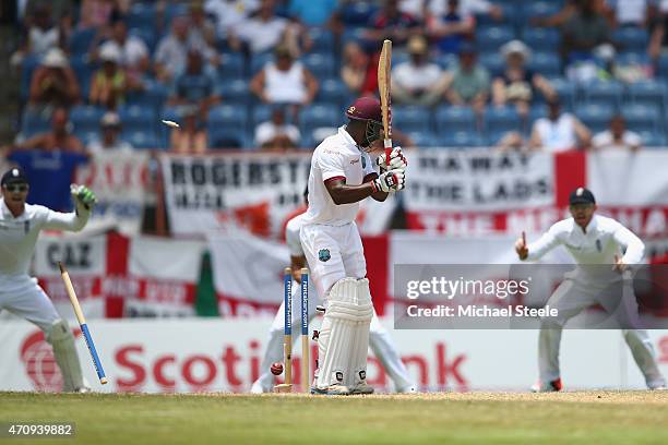 Devon Smith of West Indies is clean bowled by James Anderson of England during day four of the 2nd Test match between West Indies and England at the...