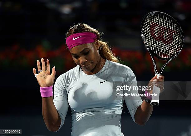 Serena Williams of the USA in action against Alize Cornet of France during the semi finals of the WTA Dubai Duty Free Tennis Championship at the...