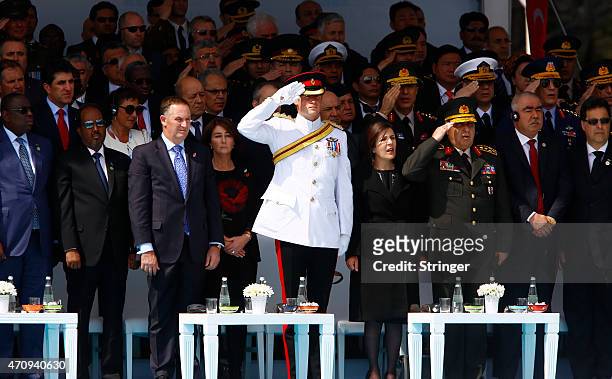 Britain's Prince Harry salutes as he attends a ceremony to mark the 100th anniversary of the Battle of Gallipoli in front of the Canakkale Matyrs'...