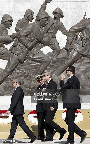 Turkey's President Recep Tayyip Erdogan , Prince Charles of Wales walk together during the commemoration ceremony marking the 100th anniversary of...