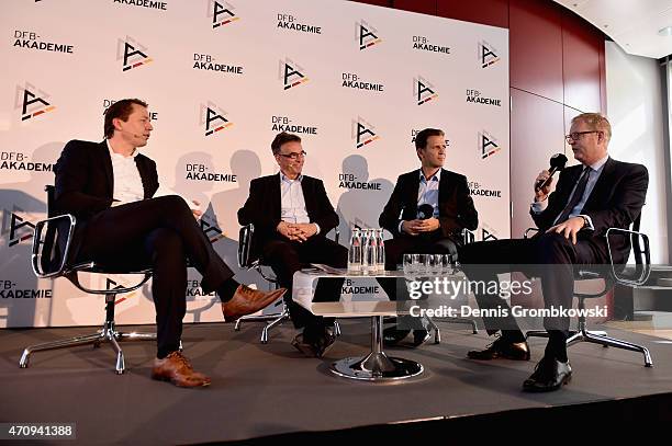 General Secretary Helmut Sandrock, German National Team manager Oliver Bierhoff and Markus Frank of the City of Frankfurt are interviewed during a...