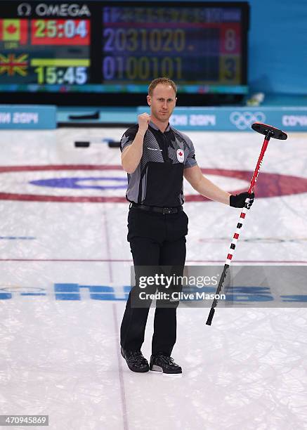 Brad Jacobs of Canada celebrates the winning stone during the Men's Gold Medal match between Canada and Great Britain on day 14 of the Sochi 2014...