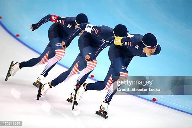 Cheol Min Kim, Hyong Jun Joo and Seung Hoon Lee of South Korea compete during the Men's Team Pursuit Semifinals Speed Skating event on day fourteen...