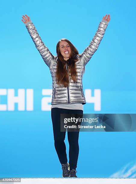 Gold medalist Maddie Bowman of the United States celebrates during the medal ceremony for the Women's Ski Halfpipe on day fourteen of the Sochi 2014...