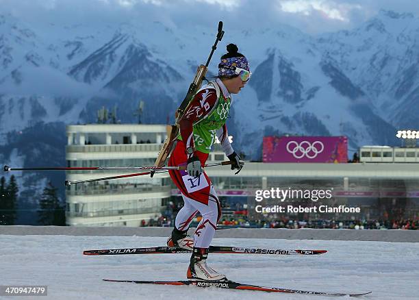 Yuki Nakajima of Japan competes during the Biathlon Women's 4 x 6 km Relay on day 14 of the Sochi 2014 Winter Olympics at Laura Cross-country Ski &...