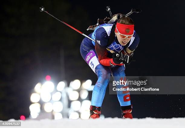 Olga Vilukhina of Russia competes during the Biathlon Women's 4 x 6 km Relay on day 14 of the Sochi 2014 Winter Olympics at Laura Cross-country Ski &...