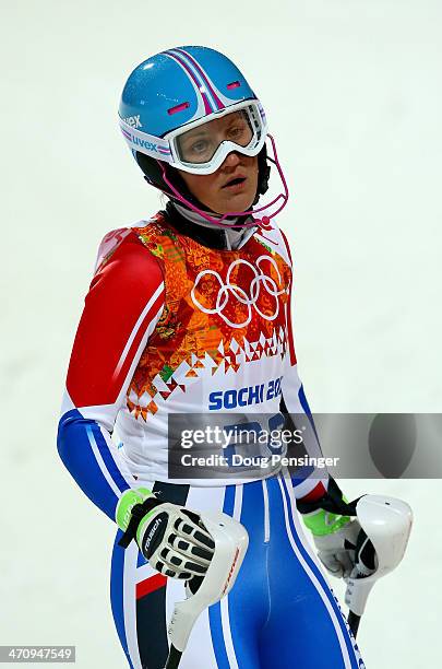 Anemone Marmottan of France reacts after her second run during the Women's Slalom during day 14 of the Sochi 2014 Winter Olympics at Rosa Khutor...