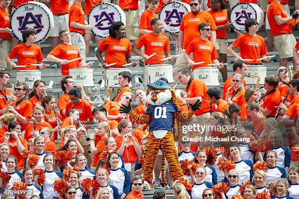 Auburn's mascot Aubie dances during Auburn's A-Day game on April 18, 2015 at Jordan-Hare Stadium in Auburn, Alabama.