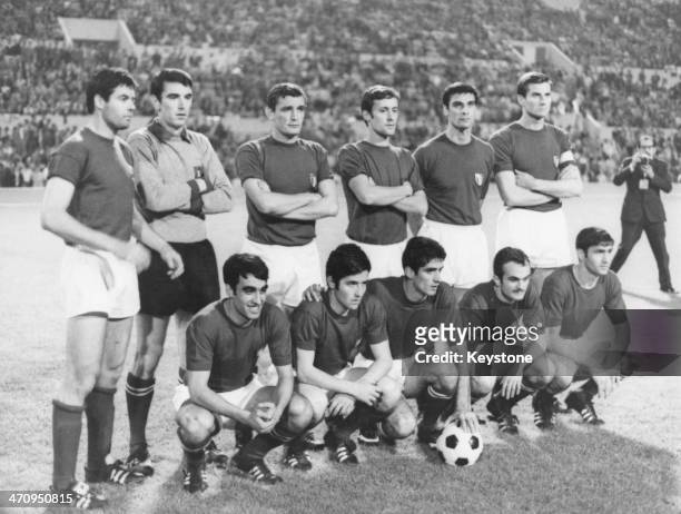 The Italy team line up before the European Cup Final against Yugoslavia, at the Stadio Olimpico in Rome, 10th June 1968. Italy won the game 2-0. The...