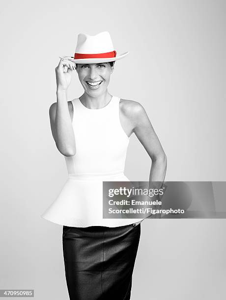 Radio personality and television presenter Alessandra Sublet is photographed for Madame Figaro on January 8, 2014 in Paris, France. Top , skirt , hat...