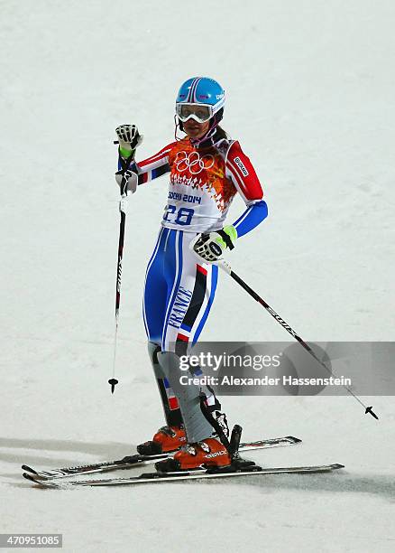 Anemone Marmottan of France reacts after her second run during the Women's Slalom during day 14 of the Sochi 2014 Winter Olympics at Rosa Khutor...