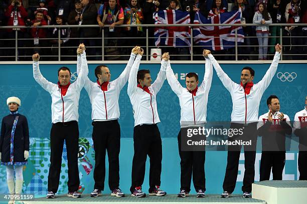 Great Britain step up to take the silver medal position L to R Tom Brewster, Michael Goodfello, Scott Andrew, Greg Drummond and Skip David Murdoch...