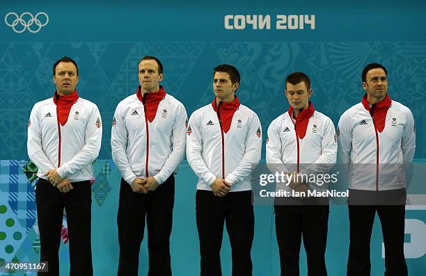 Great Britain step up to take the silver medal position L to R Tom Brewster, Michael Goodfello, Scott Andrew, Greg Drummond and Skip David Murdoch...