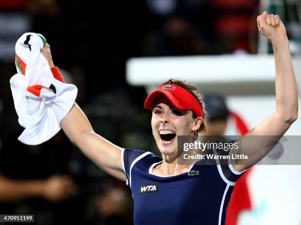 Alize Cornet of France celebrates beating Serena Williams of the USA during the semi finals of the WTA Dubai Duty Free Tennis Championship at the...
