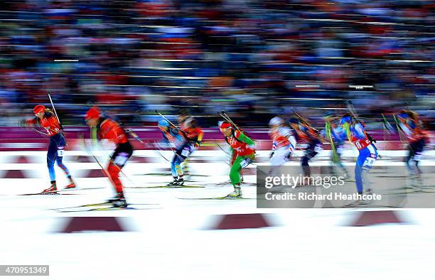 Athletes start the Women's 4 x 6 km Relay during day 14 of the Sochi 2014 Winter Olympics at Laura Cross-country Ski & Biathlon Center on February...