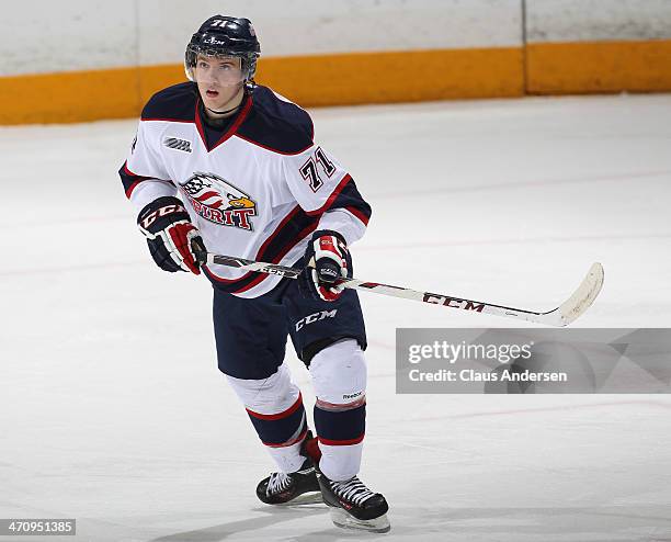 Blake Clarke of the Saginaw Spirit skates against the Peterborough Petes during an OHL game at the Peterborough Memorial Centre on February 20, 2014...